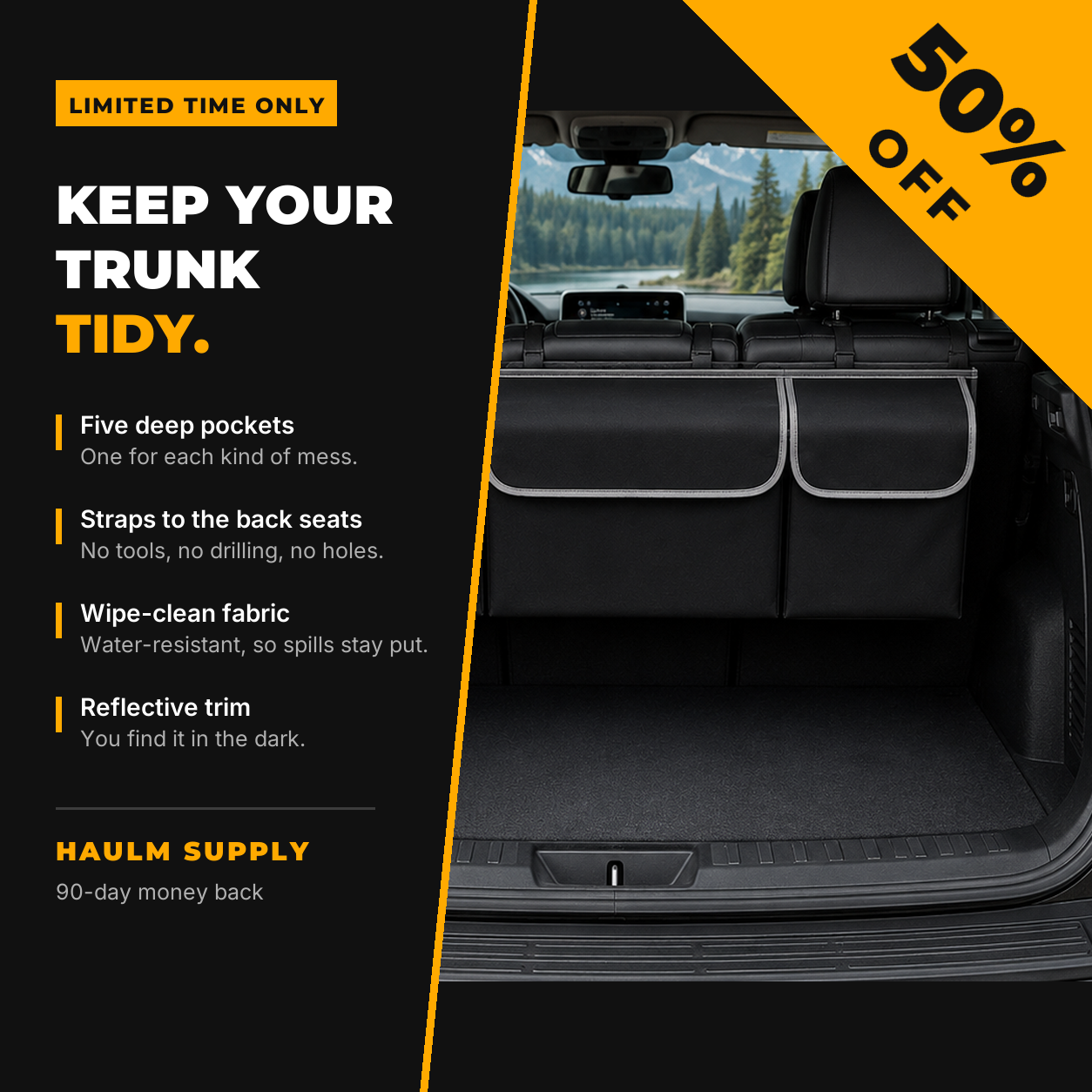 Five deep pockets, straps to the back seats, no tools needed.