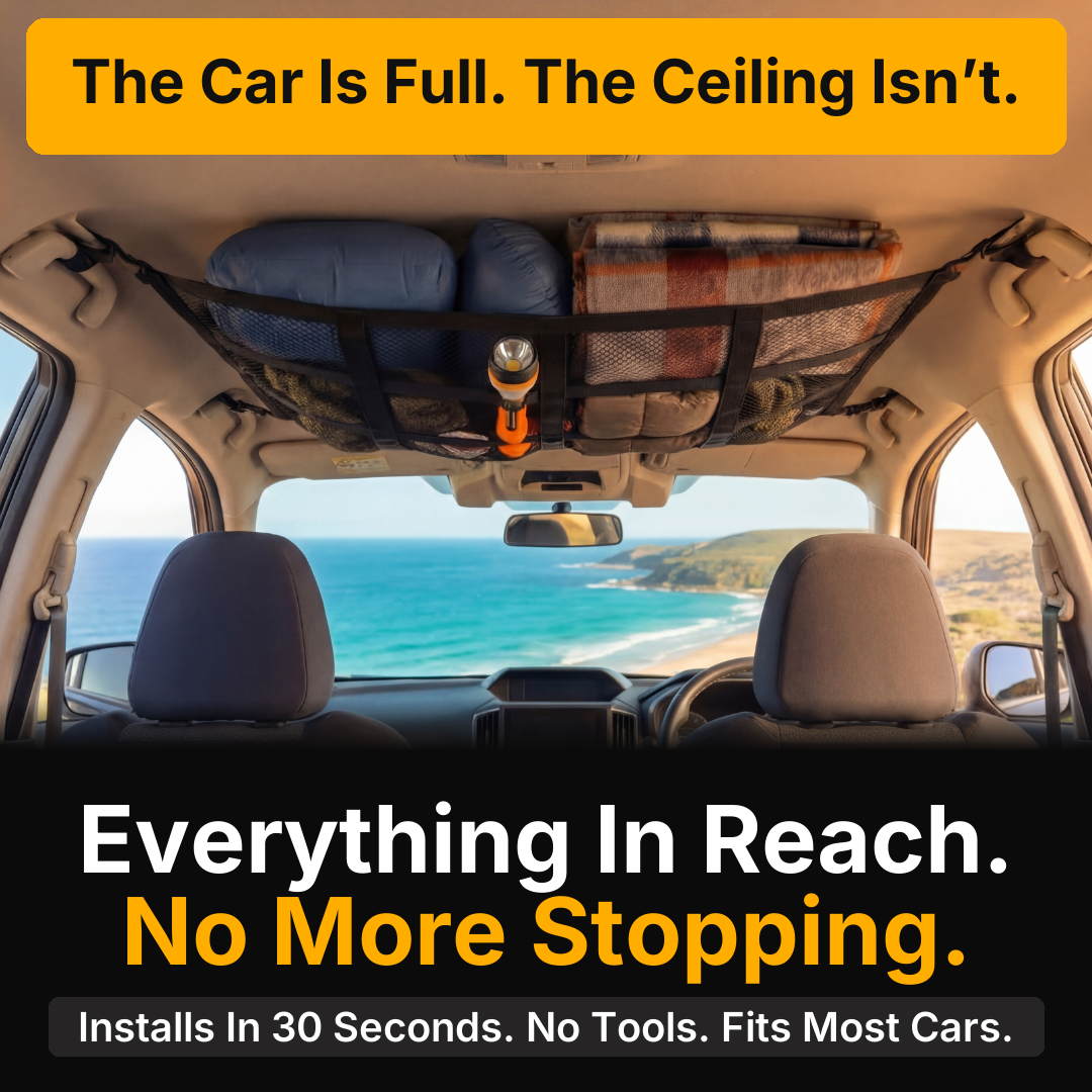 Ceiling cargo net keeping gear within reach on a road trip