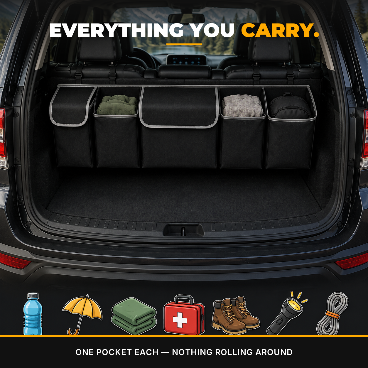 Water, blanket, first-aid kit, boots and rope, one pocket each.